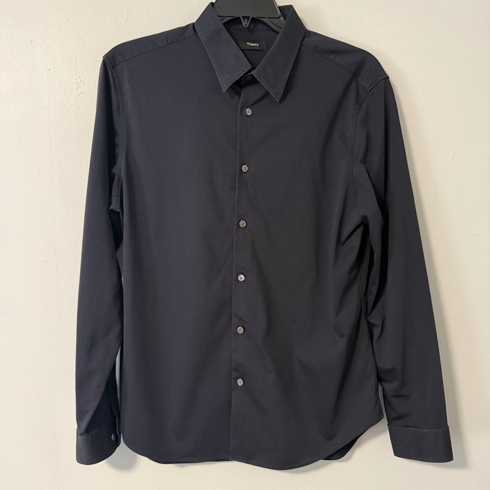 Theory Sylvain ND Structure Knit Shirt Mens XL Navy Blue Long Sleeve J0794505